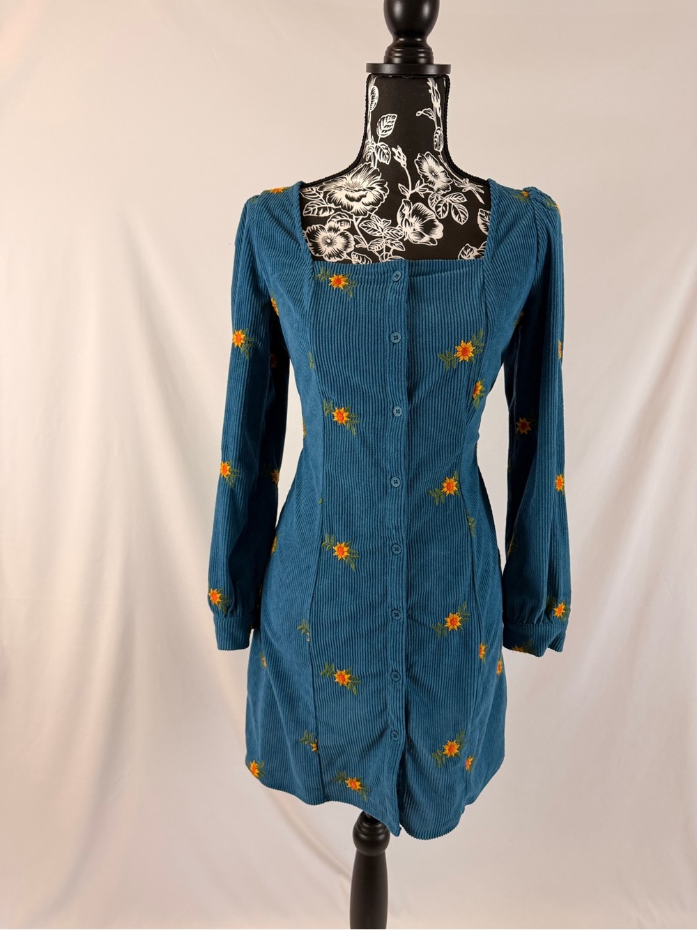 Cider Teal Corduroy Mini Dress with Orange Floral Embroidery